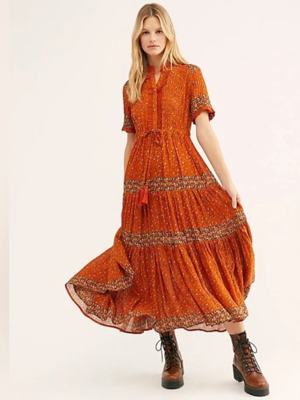 Free People Rare Feelings Midi Dress Red Floral Boho Tiered Tassel Womens Size S